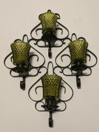 Vintage Black Wrought Iron Wall Sconce Candle Holder Set 9” Mediterranean - Gothic