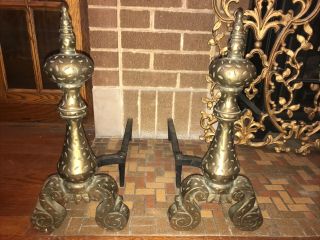 Vintage Solid Brass And Cast Iron Ornate Fireplace Andirons 18” H