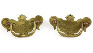 2 Small Vintage Ornate Victorian Brass Drawer Cabinet Pulls Bail Handles Floral