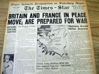 2 1939 Headline Display Newspapers Ww Ii Begins As Nazi Germany Invades Poland