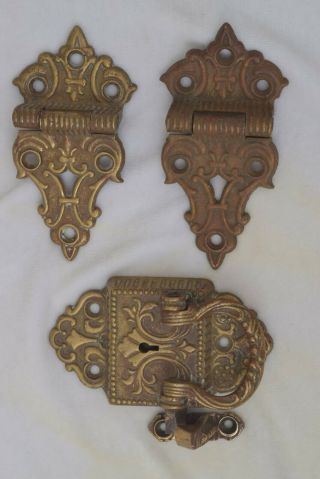 Ornate Antique Ice Box Hardware Set 2 - Hinges,  1 Handle & Latch Brass Bronze 1897