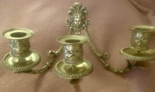 Estate French Brass Ornate 3 Arm Wall Sconce Candle Holder Rocco Style