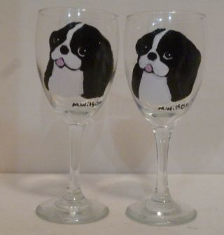 B&w Japanese Chin Dog Wine Glasses Set 2 Hand Painted By Pet Lovers Boutique