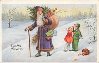 Happy Year Purple Suited Santa Claus With Toy Bag Children Belgium Postcard