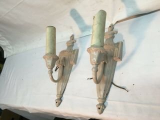 Antique Art Deco Cast Iron Wall Sconce Light Fixture Pair Candle Style