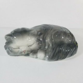 Vintage Gray Sleeping Cat Kitten Ceramic Statue Figurine 11” Long