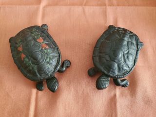Vintage Cast Iron Turtles Match Holder Trinket Box Set Of 2