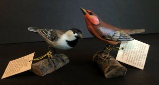Hand Carved & Painted Small Bird Sculptures Figurines Chickadee & Summer Tanager