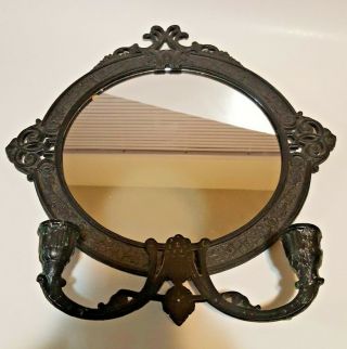 Vintage Cast Iron Framed Mirror Wall Sconce & Candle Holder By Iron Art - Jm37