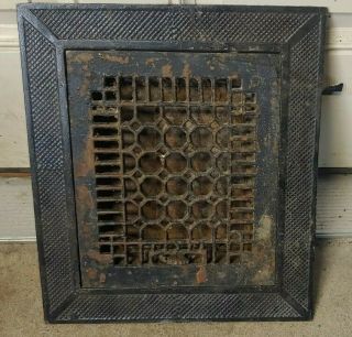Antique Arts & Crafts Cast Iron Floor Register Heat Grate W Louver Vents,  Frame