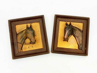 Vtg Copper Horse Head Alto Relief Sculpture Pair (2) Framed Equestrian Art