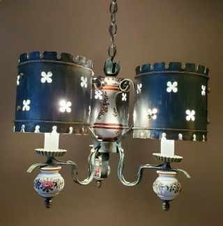 French Vintage Chandelier Patinated Bronze And Hand Painted Porcelain Mcm