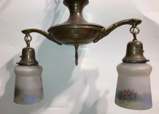 Antique Double Light Fixture With Reverse Painted Glass Globes • Windmill Scenes