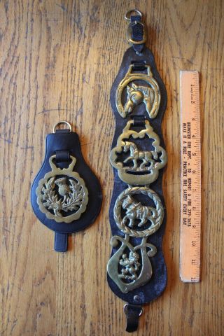Brass Horse Bridle Harness Medallions 5 Leather Vintage Horse Head Lion Thistle