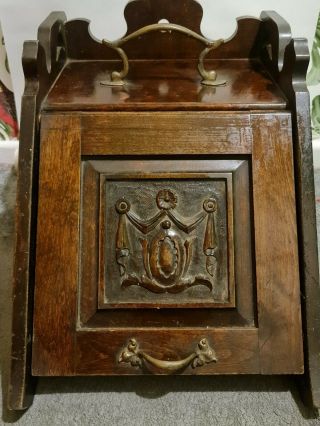 Antique Victorian Mahogany Inlaid Purdonium Coal Box / Scuttle With Accessories