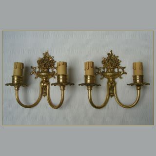 Vintage Pair Wall Sconces Light Brass & Gilt Bronze Hollywood Regency Ormolu