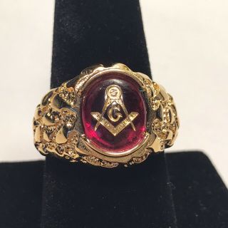 Masonic Lodge Ring Red Oval Stone 18k Hge Gold Nugget Style Size 10 Made In Usa