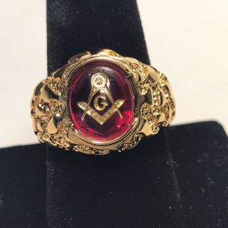 MASONIC LODGE RING RED OVAL STONE 18K HGE GOLD NUGGET STYLE SIZE 10 MADE IN USA 2