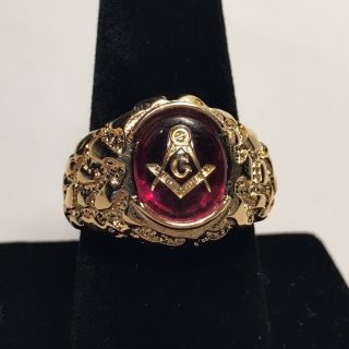 MASONIC LODGE RING RED OVAL STONE 18K HGE GOLD NUGGET STYLE SIZE 10 MADE IN USA 3