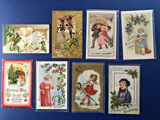 8 Christmas Antique Postcards Children Unposted Selection Emb W Gold Trim
