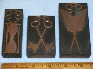 3 Copper Print Blocks Odd Fellows Jewel Hourglass Cross Keys Quills Mc Lilley