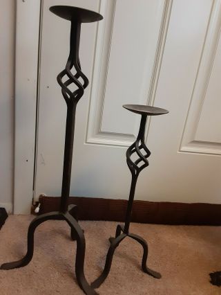 Antique Wrought Iron Candle Holder Set Of 2,  18 " & 23 ",  Black