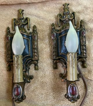 Antique Pair Victorian Iron Wall Sconce Candlestick Electric Light Hand Painted
