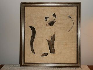 Rare Vintage Elsa Williams Completed Crewel Embroidery Siamese Cat & Bee Pic
