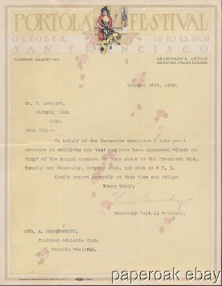 1909 Portola Festival San Francisco Letter To Olympic Club About Boxing Match