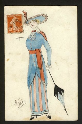 Hand Made - Drawn/painted Art Deco Fashion Lady Blue/red Outfit - Artist Signed