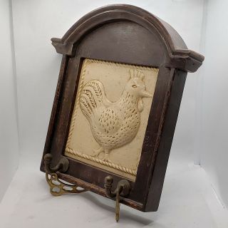 Vintage Ceramic Chicken Rooster Tile on Wood Towel Apron Holder Wall Hook 2