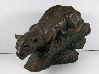 Vtg Signed Cougar Mountain Lion Puma Sculpture Bronze Color Crouching Hunter