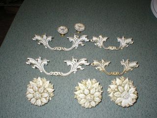 Vintage Hollywood Regency Roses White Gold Dresser Drawer Pulls Knobs Set Of 9