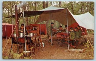 Postcard Pa Marshalls Creek Bsa Resica Falls Boy Scout Reservation Cooking N9