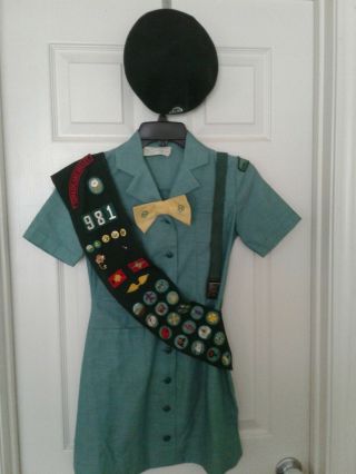 Vtg 1970s Girl Scout Uniform - Dress,  Bowtie,  Belt,  Beret,  Sash W/badges & Pins