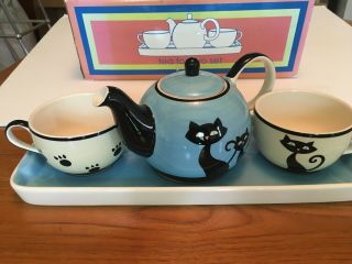 Hues N Brews Cattitude Blue Siamese Black Cat Tea Pot Teapot 2 Cups & Euc Set