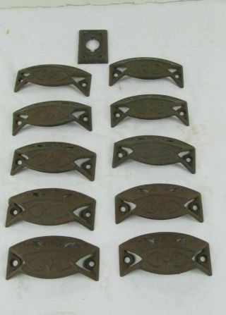10 Matching Drawer Bin Pulls Victorian Eastlake,  Cast Iron,  Antique