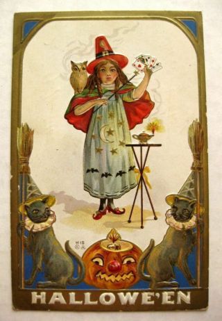 Rare 1912 Halloween Postcard Magic Cards Witch W/ Owl And Black Cats Dressed