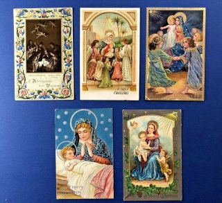 5 Christmas Antique Postcards Holy Family Religious,  Gold / Silver