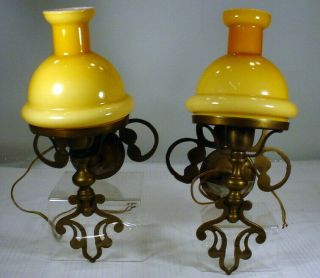 Antique Italy Brass Wall Mount Sconce Lamp With Burnt Orange Glass Shade