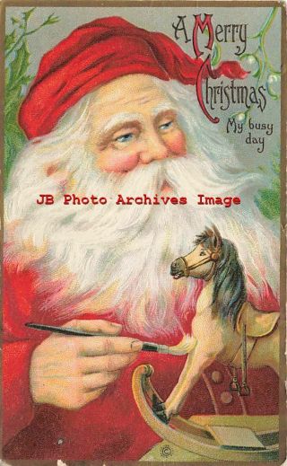 Christmas,  Stecher No 541 C,  Red Robe Santa Painting A Rocking Horse