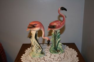 Vintage Mid - Century Porcelain Pink Flamingo Figurines