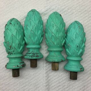 Set Of 4 Antique Wood Pinecone Pineapple Finials,  Bed Post Toppers,  Newel Post