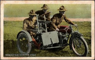 Wwi Armed Military Machine Gun On Motorcycle Driven By Troops Soldiers Postcard