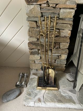 Vintage 4 Piece Brass Fireplace Tool Set With Stand.  Heavy