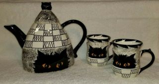 Cats By Nina Lyman Large Ceramic Black & White Teapot With 2 Cups Mugs
