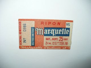 1937 Marquette University Ripon College Football Game Ticket Stub
