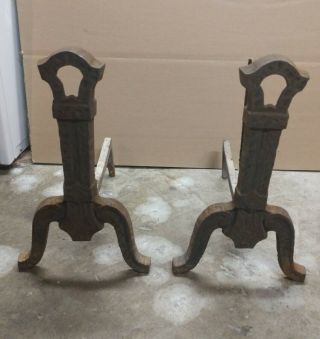 Antique Cast Iron Andirons - Mission / Arts And Crafts / Keyhole Fire Dogs 1912