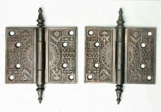 Pair Antique Steeple Tip Cast Iron Ornate Eastlake Victorian Door Hinges 4 X 5 "
