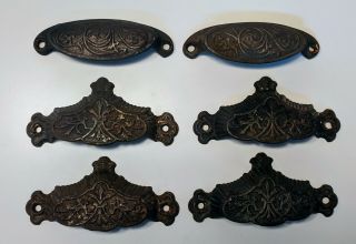 Set Of Six Antique Eastlake Cast Iron Drawer Pulls 4 "